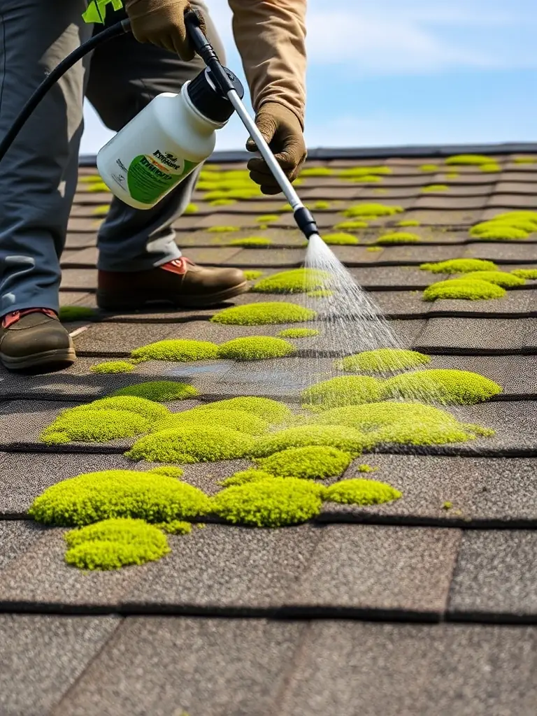 A close-up of moss treatment being applied to a roof surface, with visible moss being eradicated.