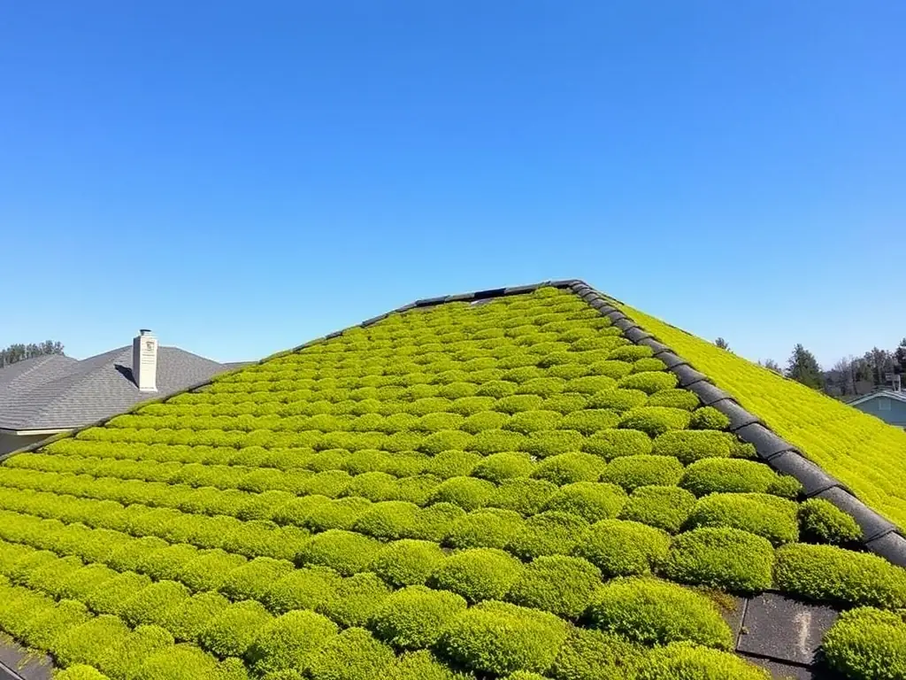 A residential roof in El Dorado Hills, heavily covered in green moss, before the moss removal service. The image should highlight the extent of the moss growth and its impact on the roof's appearance.