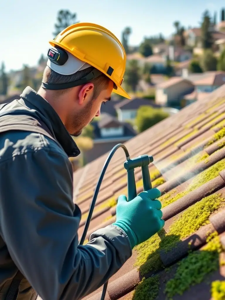 A technician applying moss treatment to a roof, showcasing the preventative measures taken to inhibit future moss growth in El Dorado Hills.