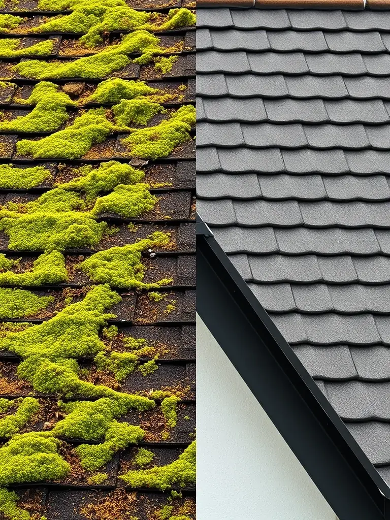 A before-and-after split image showing a roof heavily covered in moss on one side and completely clean on the other, demonstrating the dramatic results of our service.