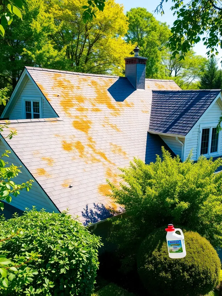 A wide shot of a residential roof being treated with an eco-friendly moss removal solution, with lush greenery surrounding the house.