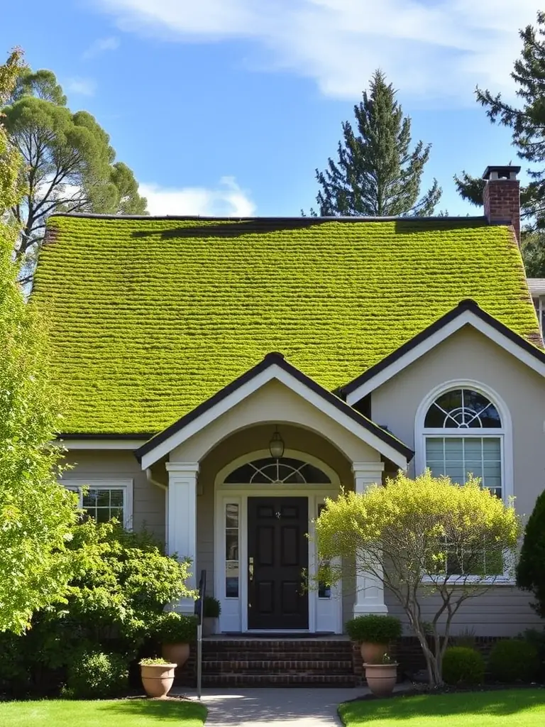 A residential roof covered in thick green moss, photographed in El Dorado Hills, California, showcasing the need for professional moss removal services.