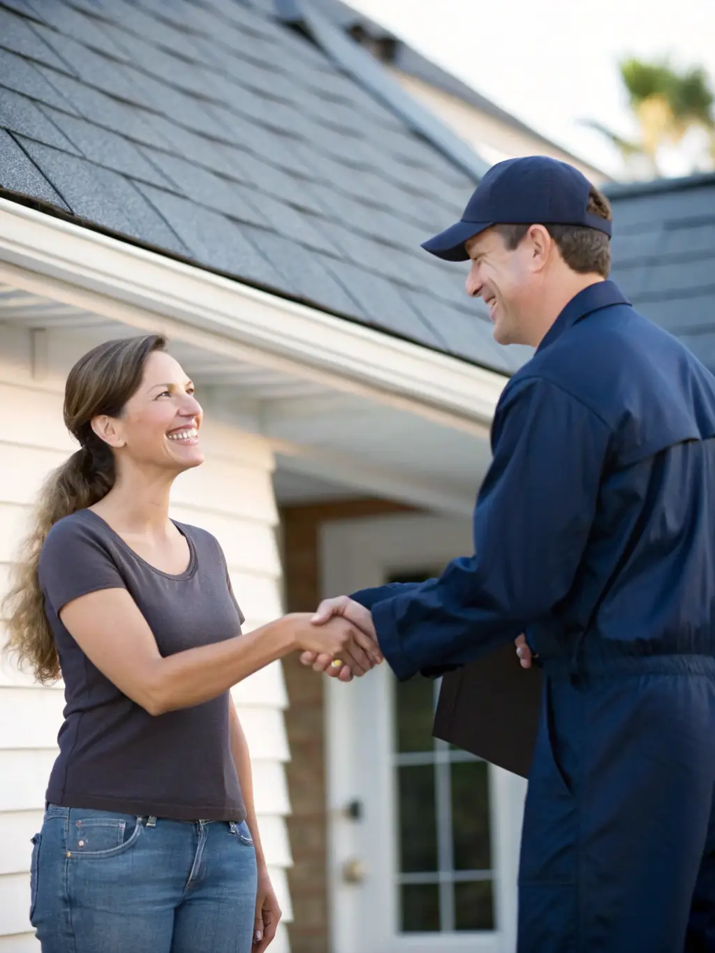A smiling customer shaking hands with a Roof Moss Removal El Dorado Hills technician in front of their newly cleaned roof.