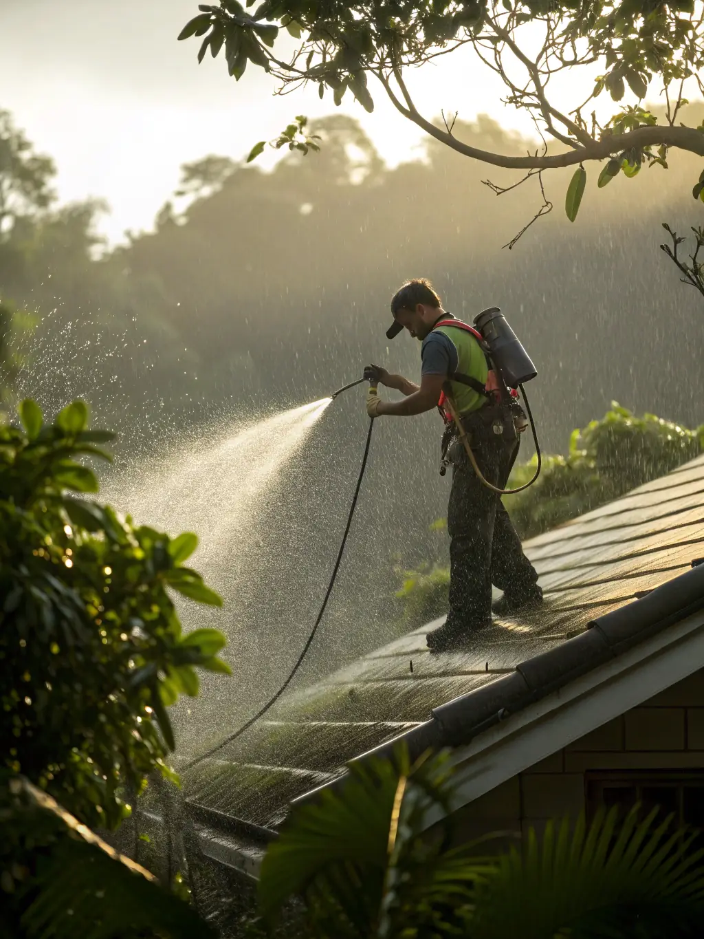 A professional power washing a roof with a soft wash technique, showing a clean, stain-free surface.