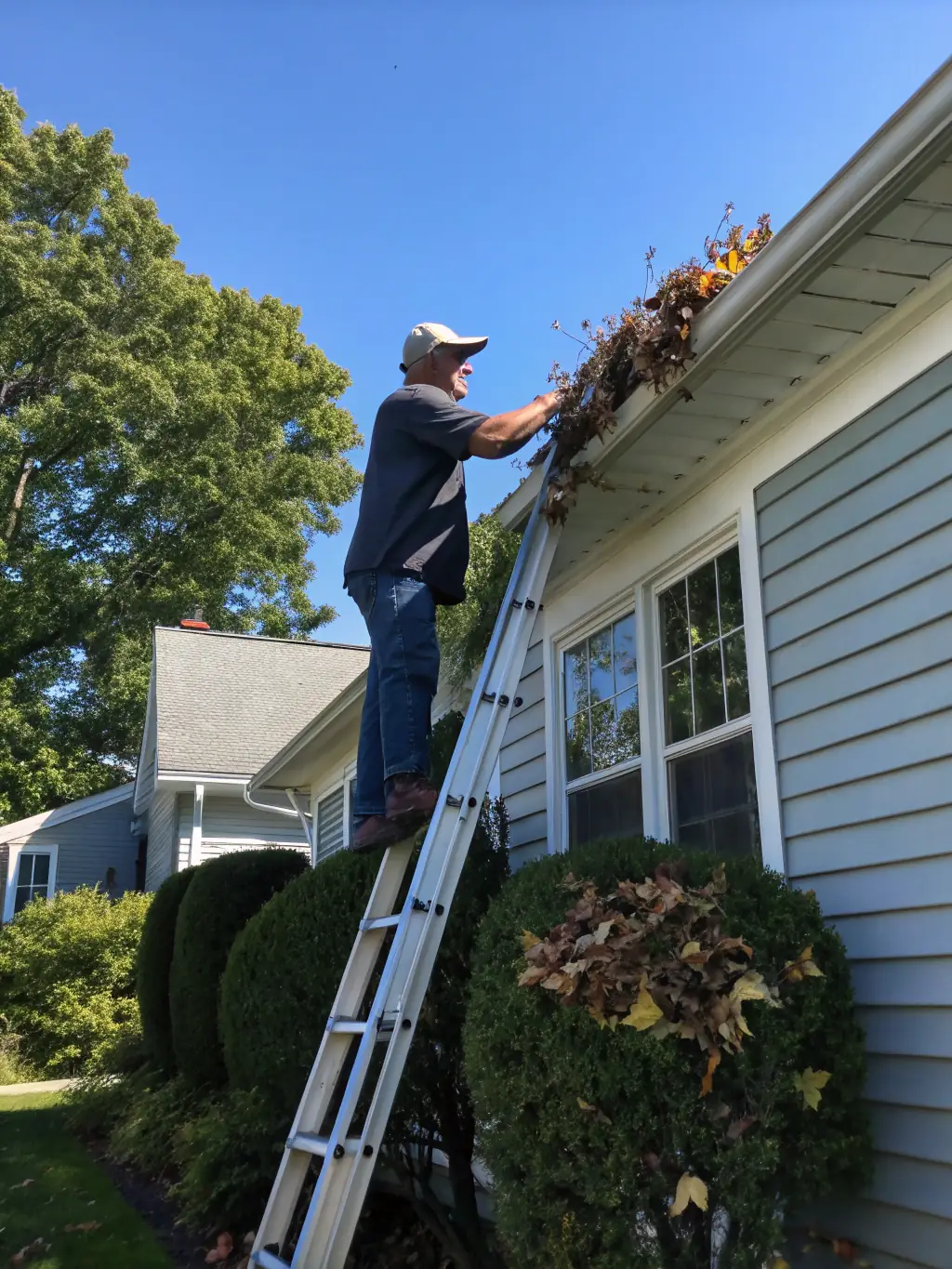 A technician cleaning out gutters with a professional tool, debris collected in a bucket.