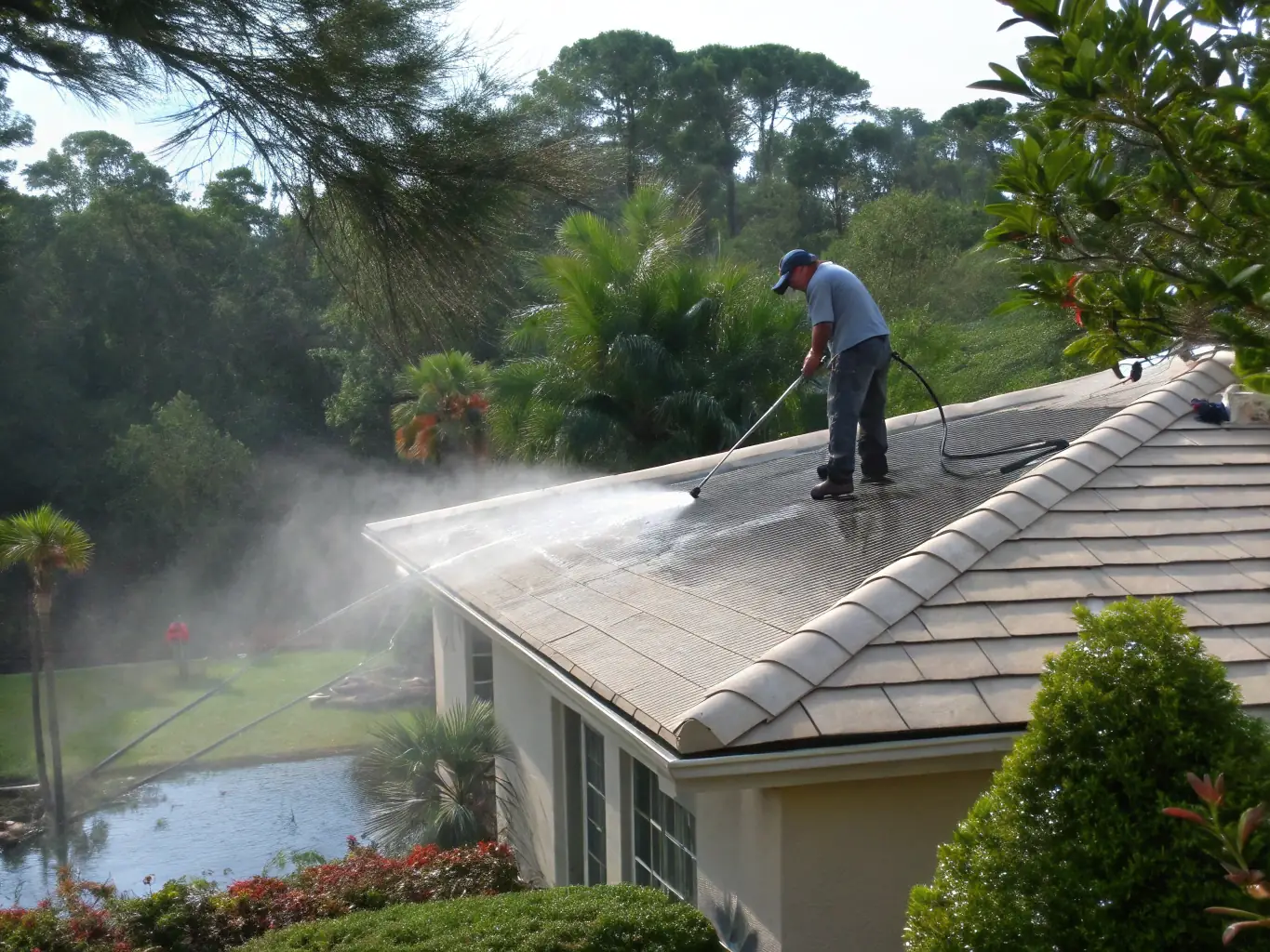 A close-up of a roof being gently cleaned with a soft wash system, showcasing the removal of dirt and stains without damaging the roofing material. The setting is a typical El Dorado Hills neighborhood.