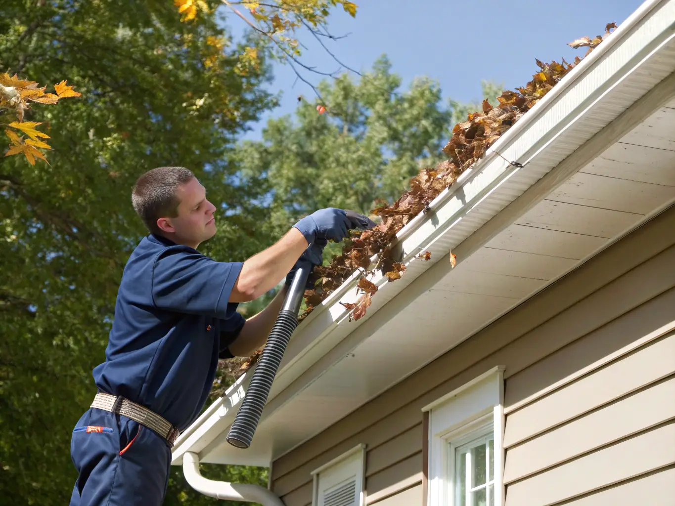 A worker cleaning gutters on a home in El Dorado Hills, removing leaves and debris to ensure proper water flow. The image should show the effectiveness of the gutter cleaning process.