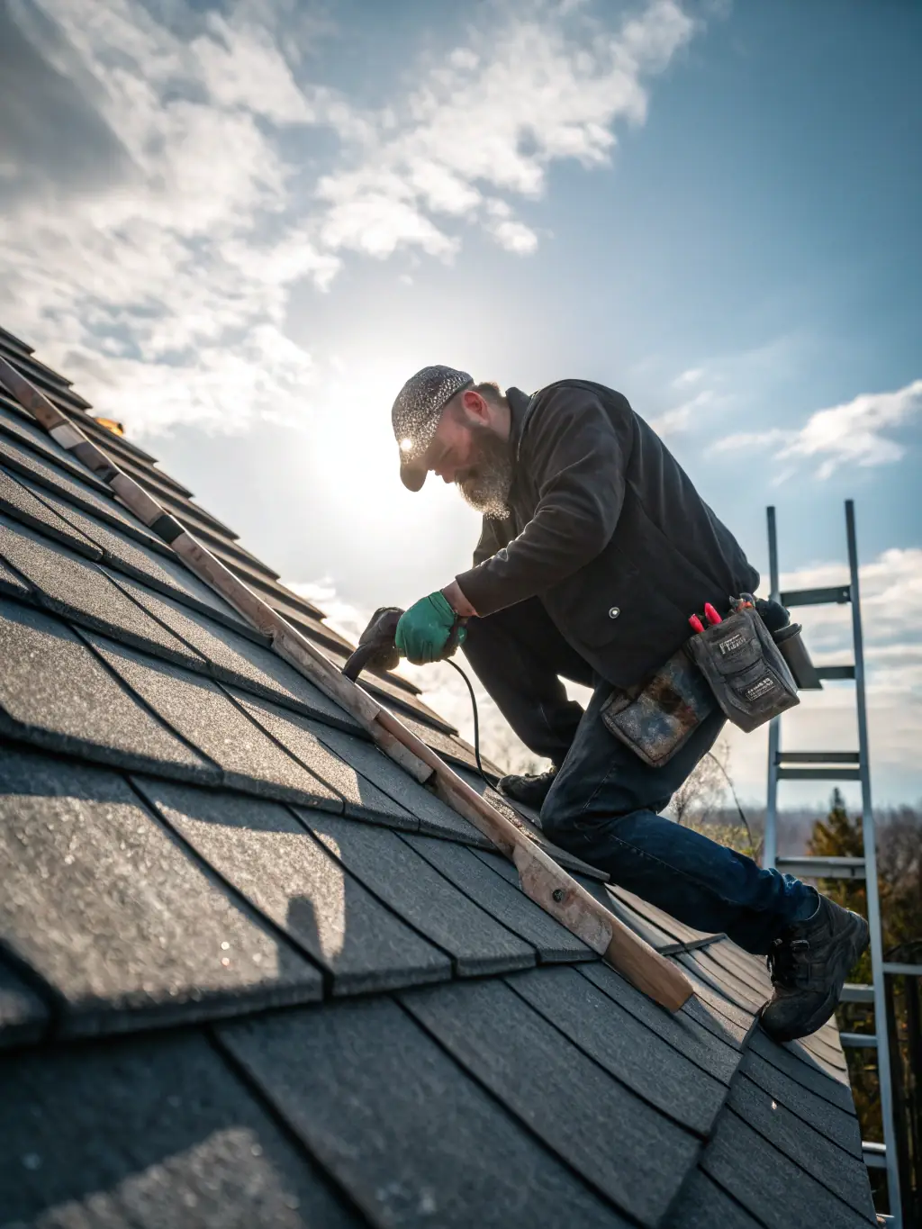 A close-up shot of a technician's hand using a specialized tool to gently remove moss from roof tiles, showcasing the precision and care taken during the process.